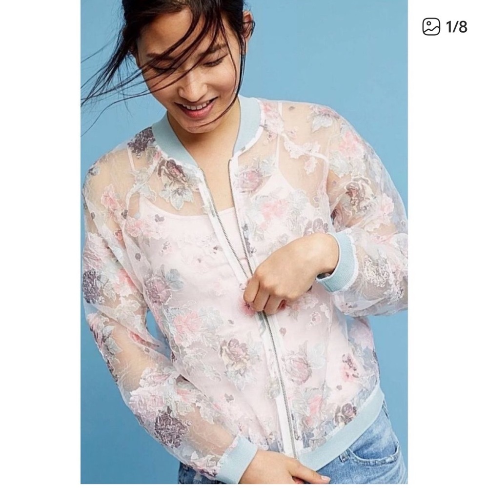 Maeve Sheer Pink Floral Bomber Jacket
